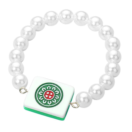Mahjong Tile Accent Pearl Beaded Stretch Bracelet