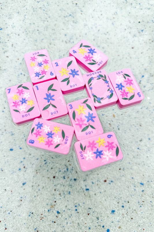 Floating Mahjong Tiles in Floral Pink for the Pool