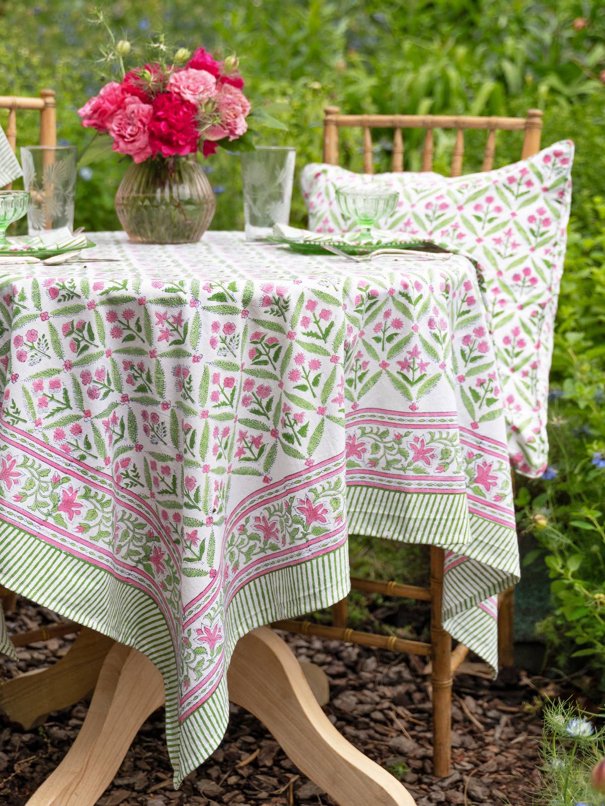 Gazebo Block Print Tablecloth - Pink Green