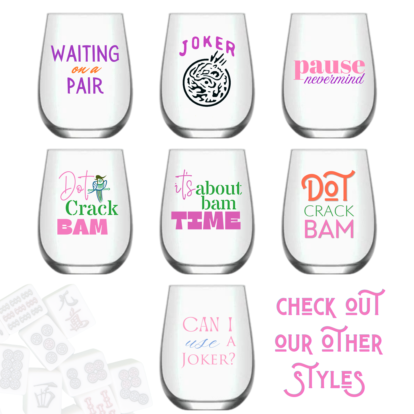 Mahjong Stemless 4ct Set Wine Glasses "Dot Crack Bam"