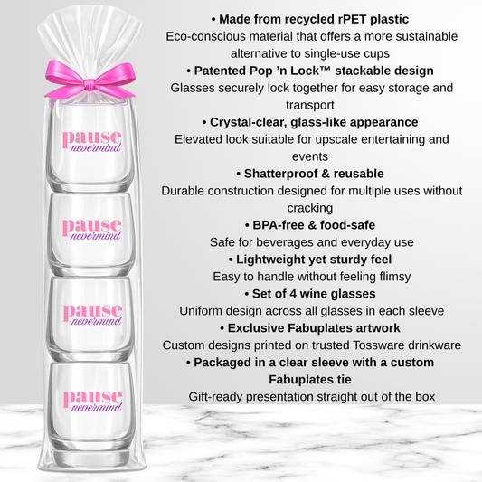 Mahjong Stemless 4 ct Set Wine Glasses "Pause Nevermind"