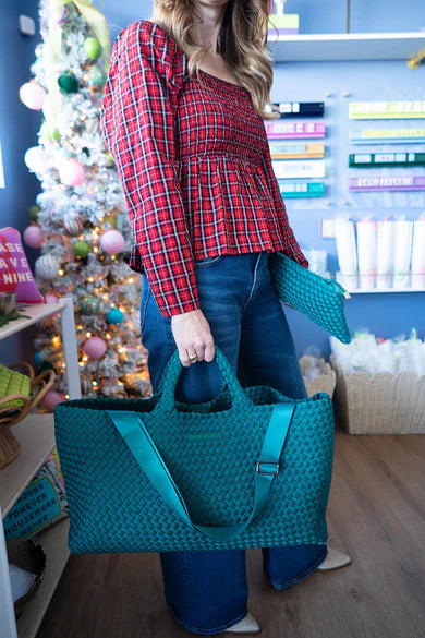 Peace Love Mahjong Woven Carryall Tote with Matching Tile Pouch - TEAL