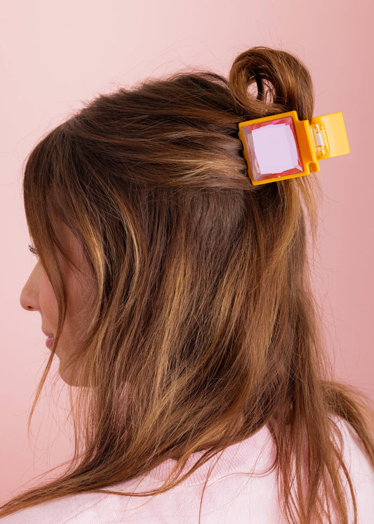 Claw Hair Clip - Sm - Orange w/ Pink Square Stone