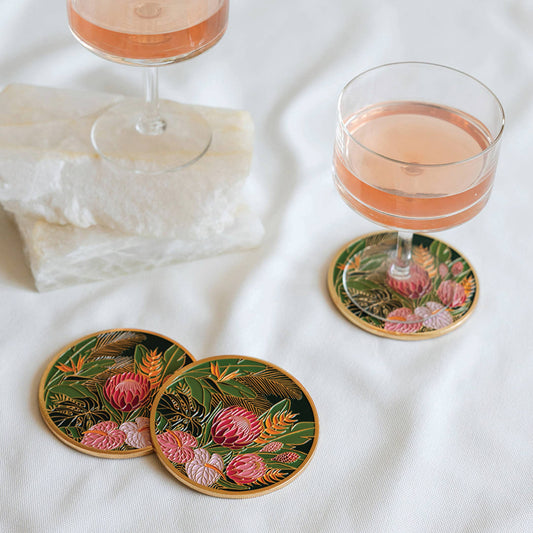 Tropical Floral Gold Drink Coasters | Summer + Garden Party