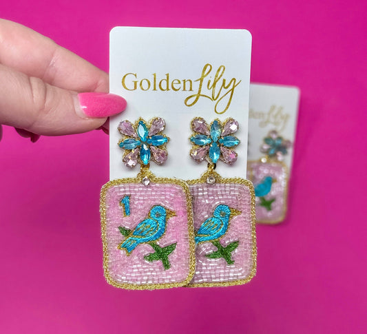 Mahjong Bird Bam Seed Bead Earrings