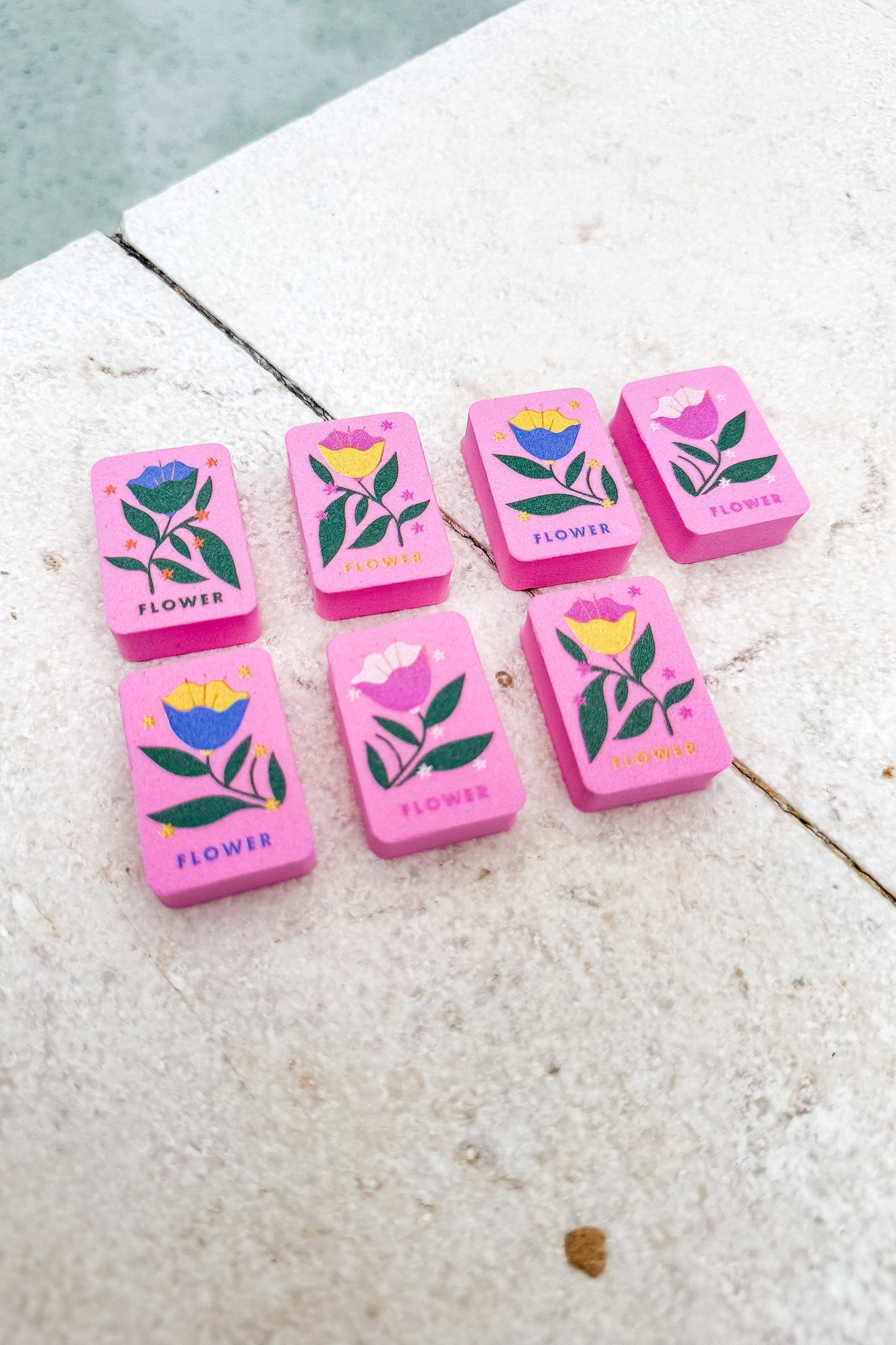Floating Mahjong Tiles in Floral Pink for the Pool