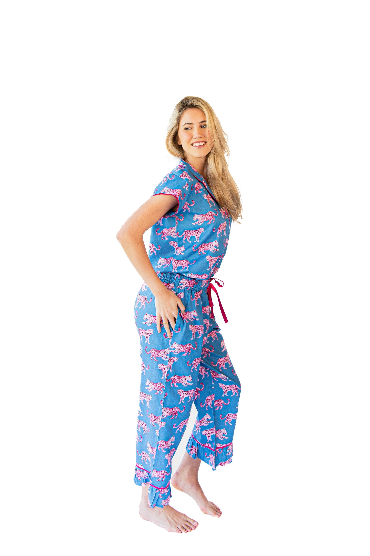 Pink Leopards Luxe Sateen Capri Pajama Set - Blue & Pink