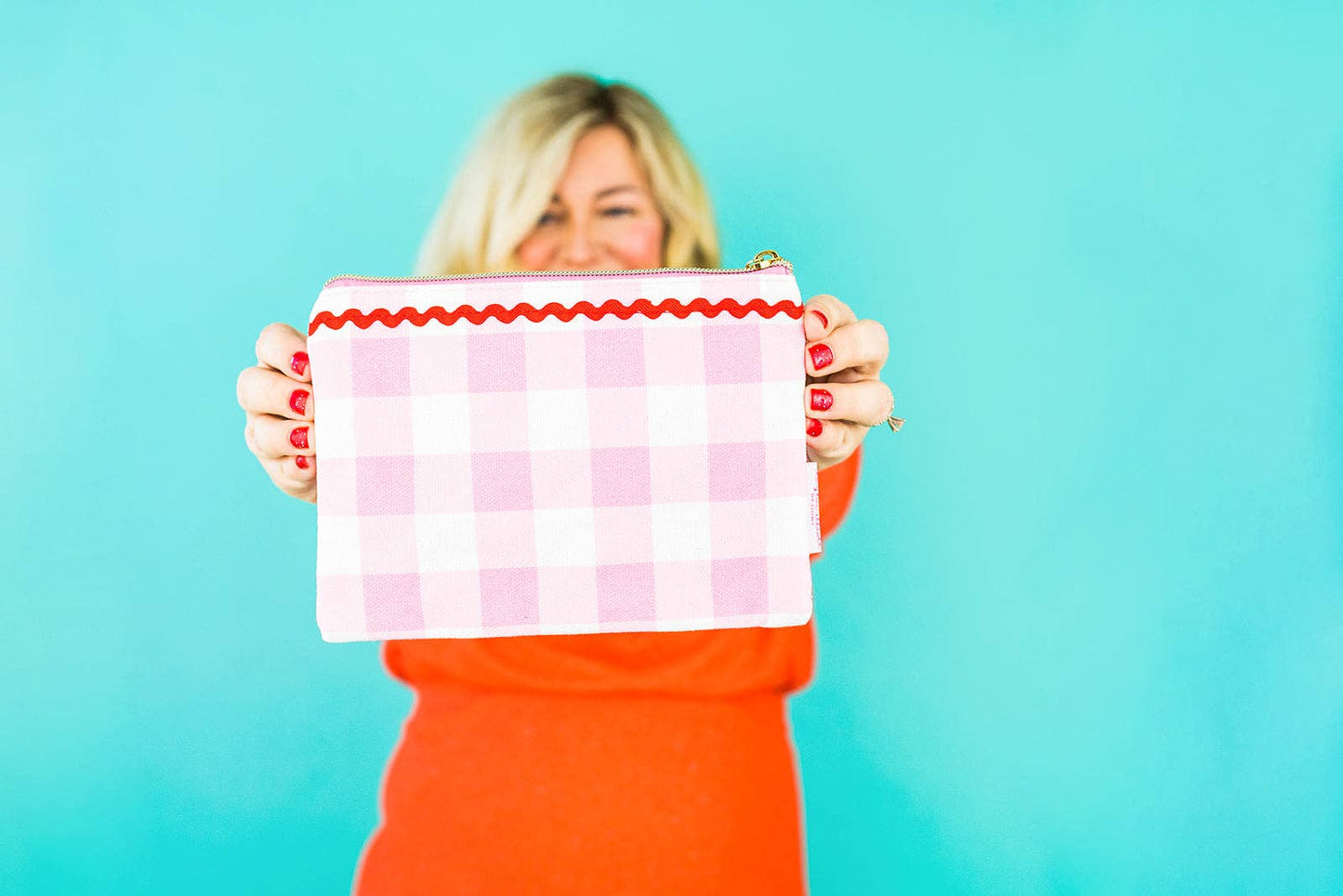 Soft Zipper Pouch - Medium - Red + Pink Pom-Pom