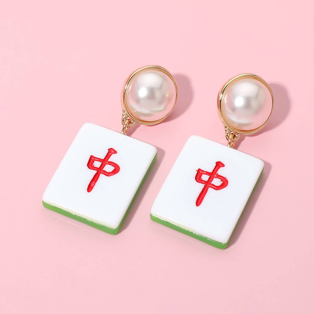 Pearl Accent Mahjong Tile Drop Earrings