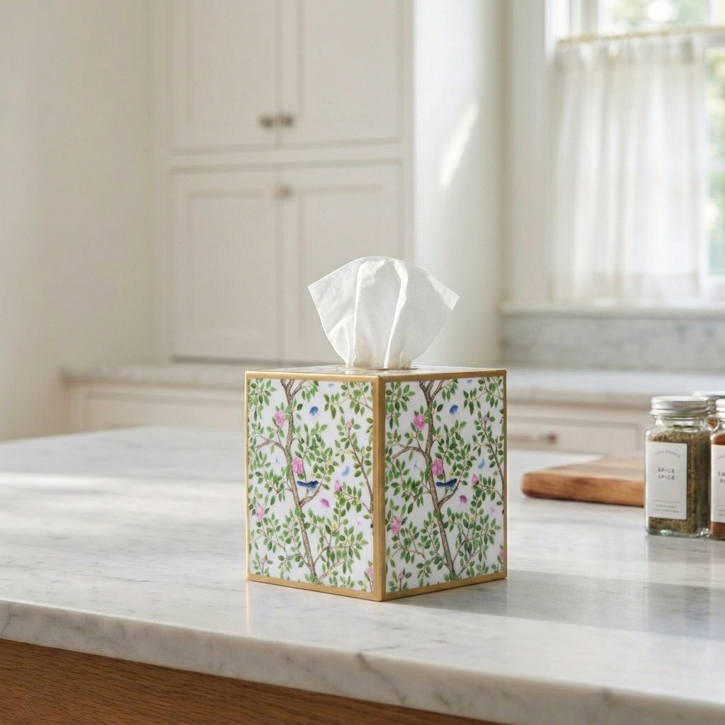 Elsie's Garden Enameled Tissue Box Cover - Blue & Pink