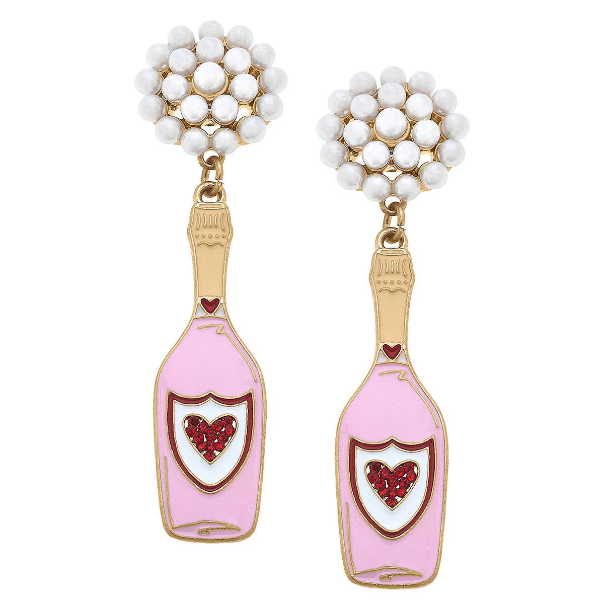 Heart Champagne Bottle Enamel Earrings in Pink & Red