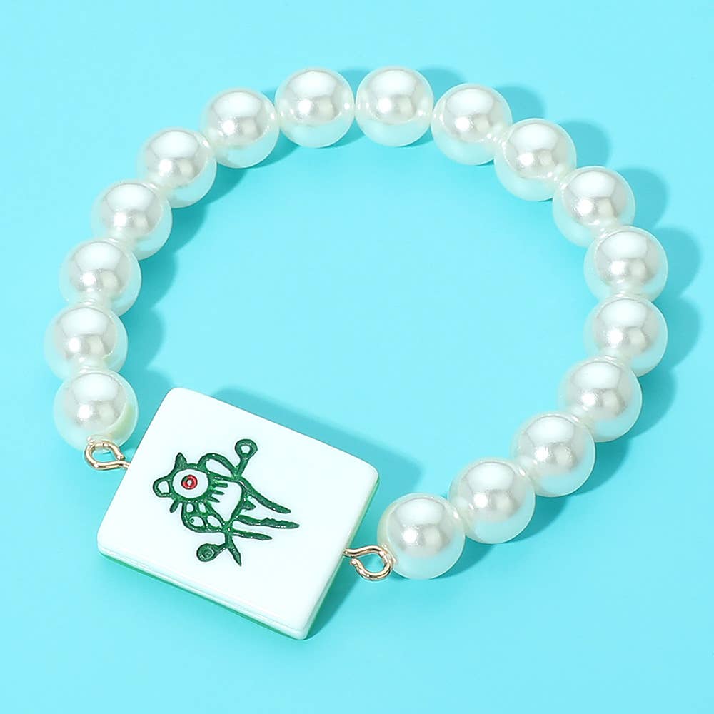 Mahjong Tile Accent Pearl Beaded Stretch Bracelet