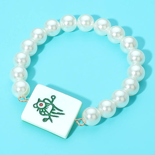 Mahjong Tile Accent Pearl Beaded Stretch Bracelet