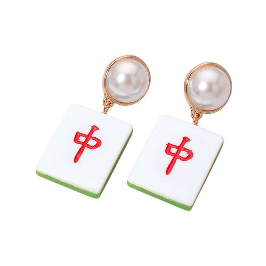 Pearl Accent Mahjong Tile Drop Earrings