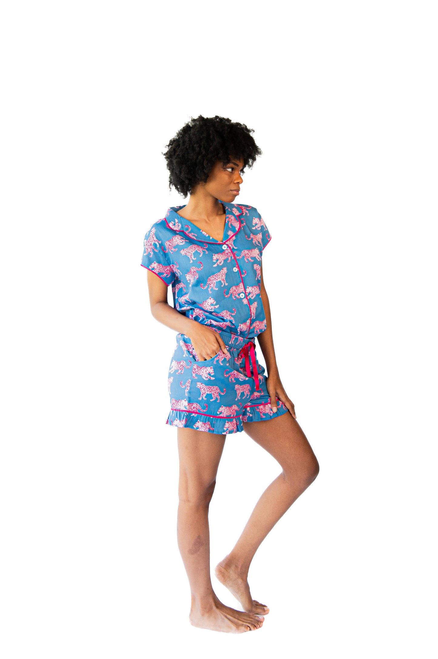 Pink Leopards Luxe Ruffled Pajama Summer Set - Blue & Pink
