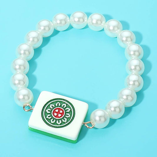Mahjong Tile Accent Pearl Beaded Stretch Bracelet