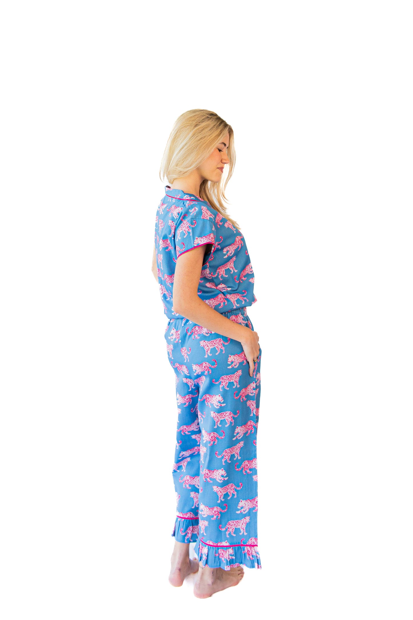 Pink Leopards Luxe Sateen Capri Pajama Set - Blue & Pink