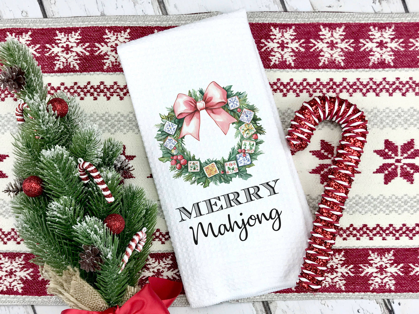 Merry Mahjong Happy Hour Towel, Christmas Holiday Game Decor