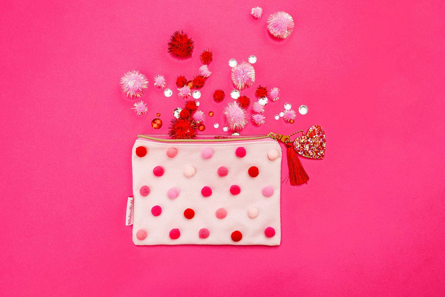 Soft Zipper Pouch - Medium - Red + Pink Pom-Pom