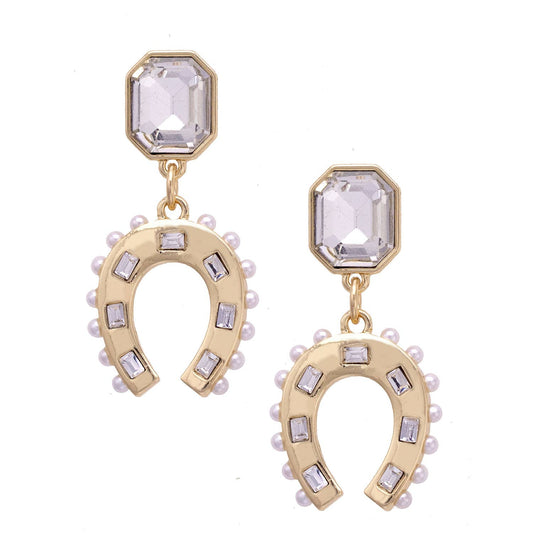 Rhinestone Cowgirl Horseshoe Earrings in Shiny Gold