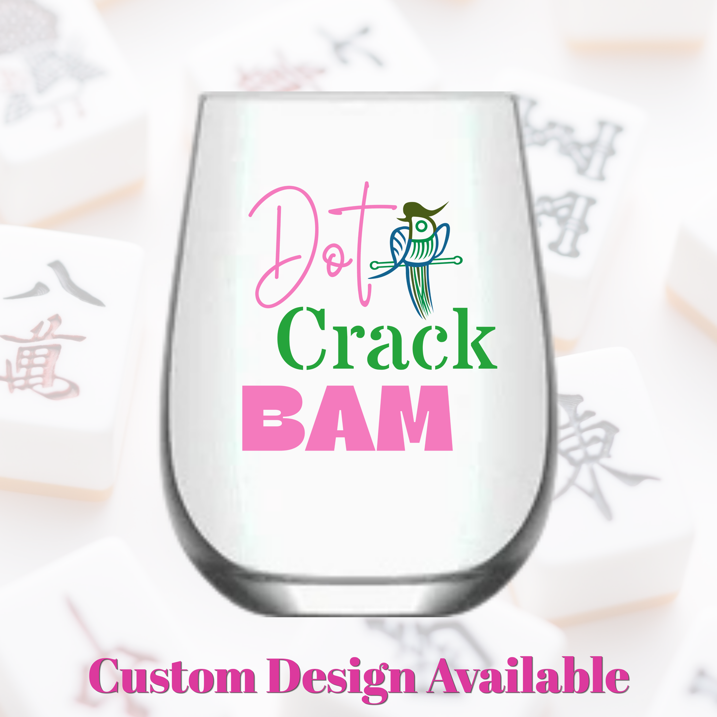 Mahjong Stemless 4 ct Set Wine Glasses "Dot Crack Bam"