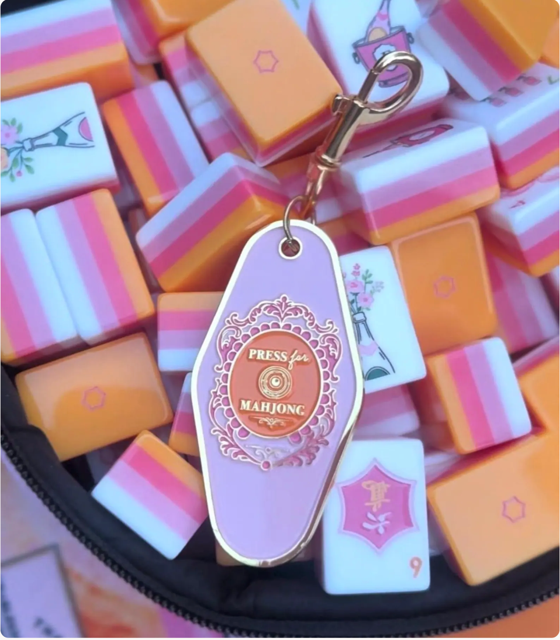 Press for Mahjong Keychain Charm | 3” Enamel Mahjong Bag Charm with Lobster Clasp | Vintage Hotel Key Tag Style Gift