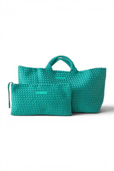 Peace Love Mahjong Woven Carryall Tote with Matching Tile Pouch - TEAL
