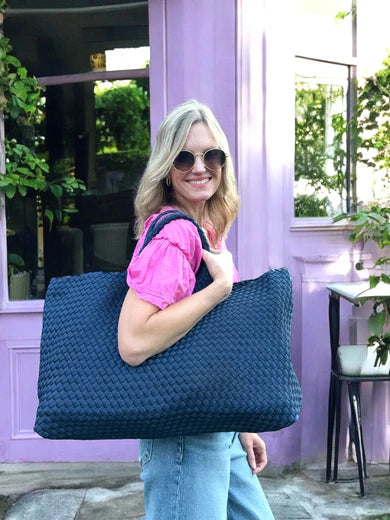 Peace Love Mahjong Woven Carryall Tote with Matching Tile Pouch - Magenta