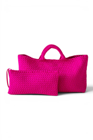 Peace Love Mahjong Woven Carryall Tote with Matching Tile Pouch - Magenta