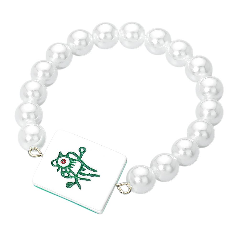 Mahjong Tile Accent Pearl Beaded Stretch Bracelet