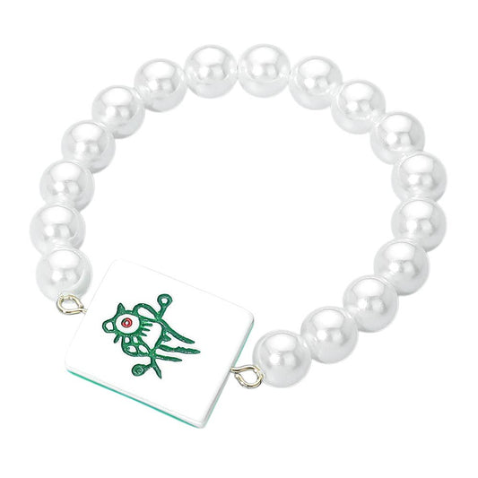 Mahjong Tile Accent Pearl Beaded Stretch Bracelet