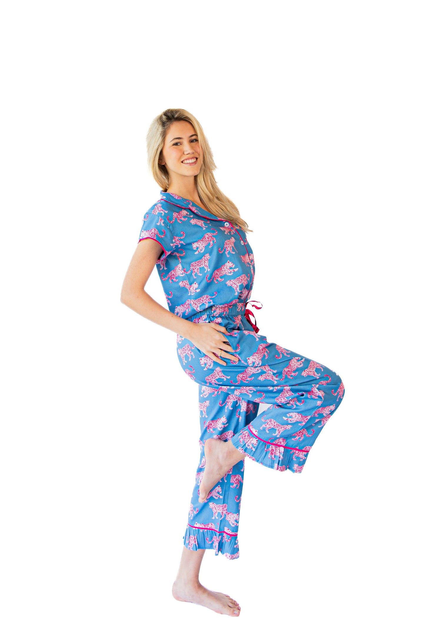 Pink Leopards Luxe Sateen Capri Pajama Set - Blue & Pink