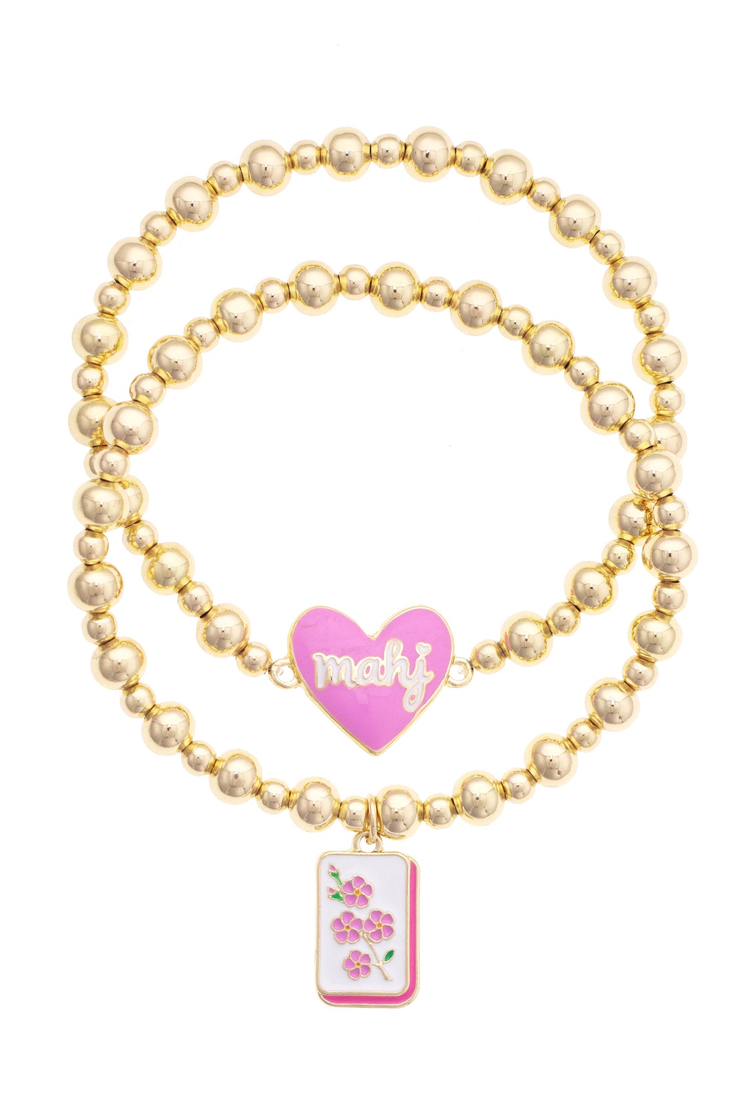 Mahj Cherry Blossom Tile Ball Bead Stretch Bracelet Set of 2