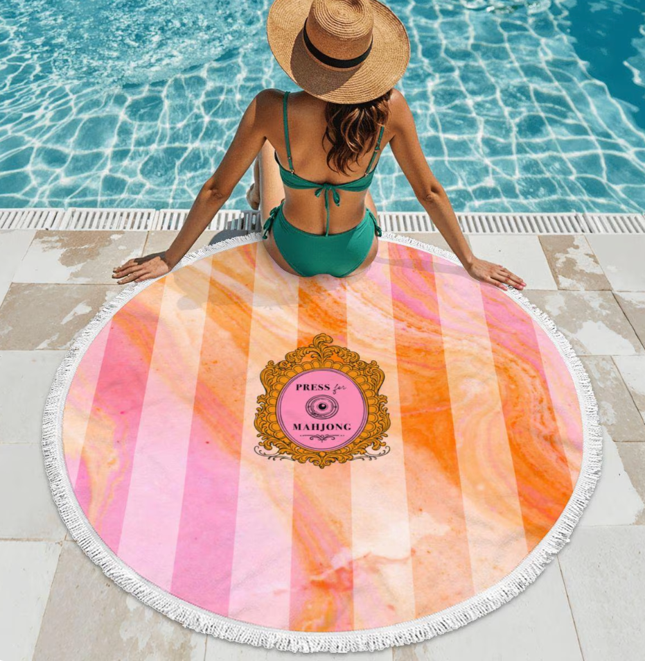 Press for Mahjong Round Beach Towel | 60” Pool | Champagne
