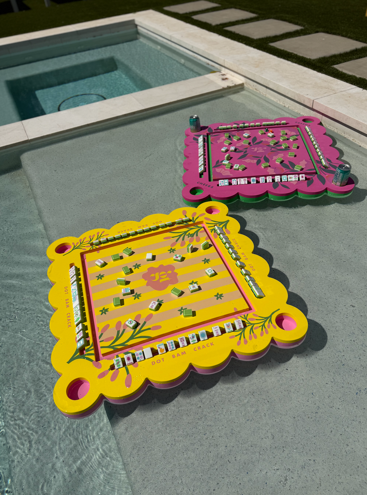 Floating Mahjong Tile Mat in Neon Floral Pink