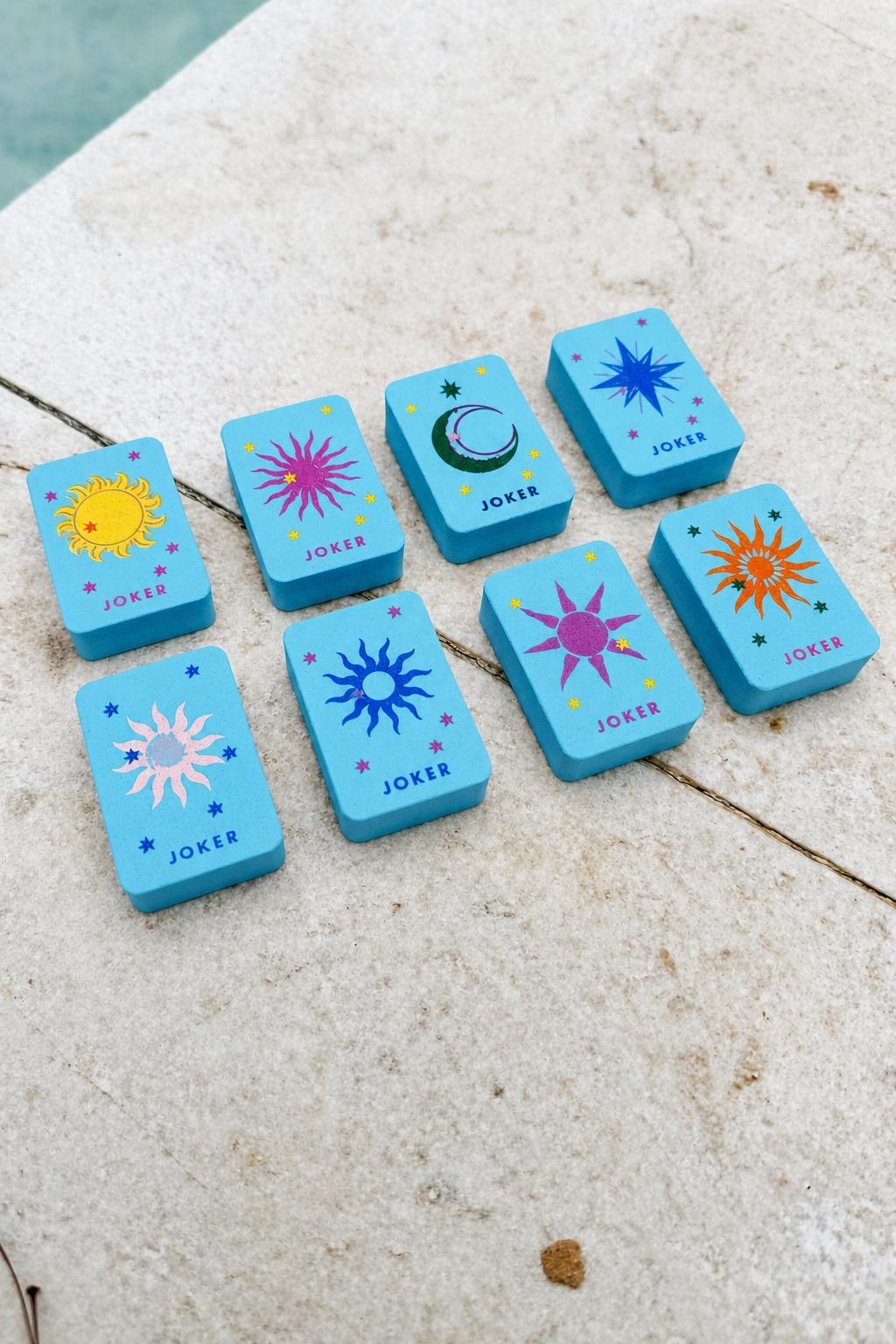 Floating Mahjong Tiles in bright blue for the Pool