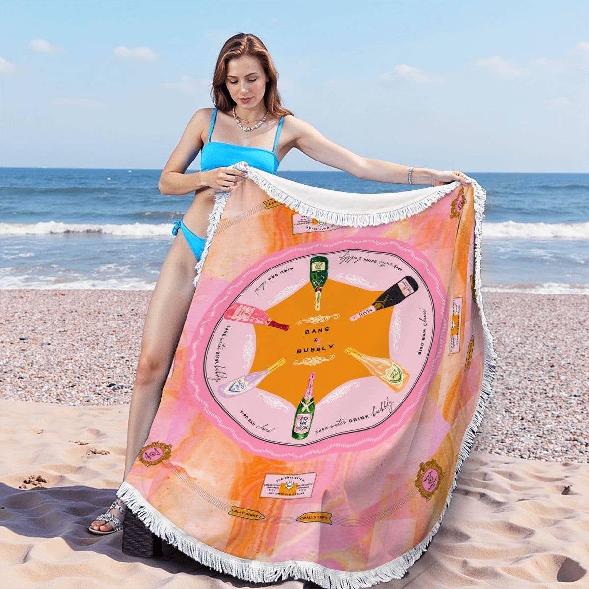 Press for Mahjong Round Beach Towel | 60” Pool | Champagne