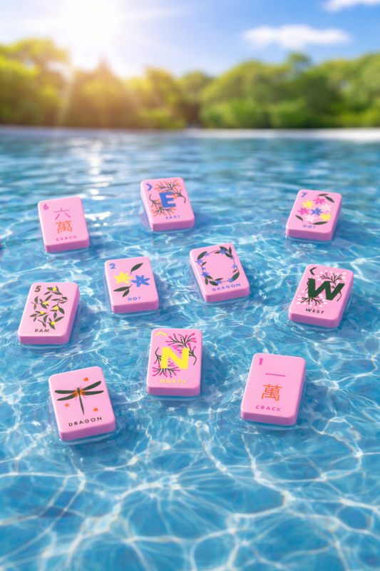 Floating Mahjong Tiles in Floral Pink for the Pool