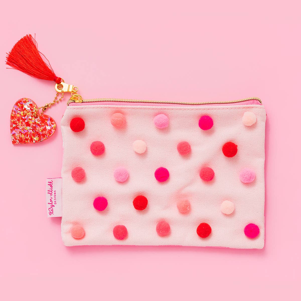 Soft Zipper Pouch - Medium - Red + Pink Pom-Pom