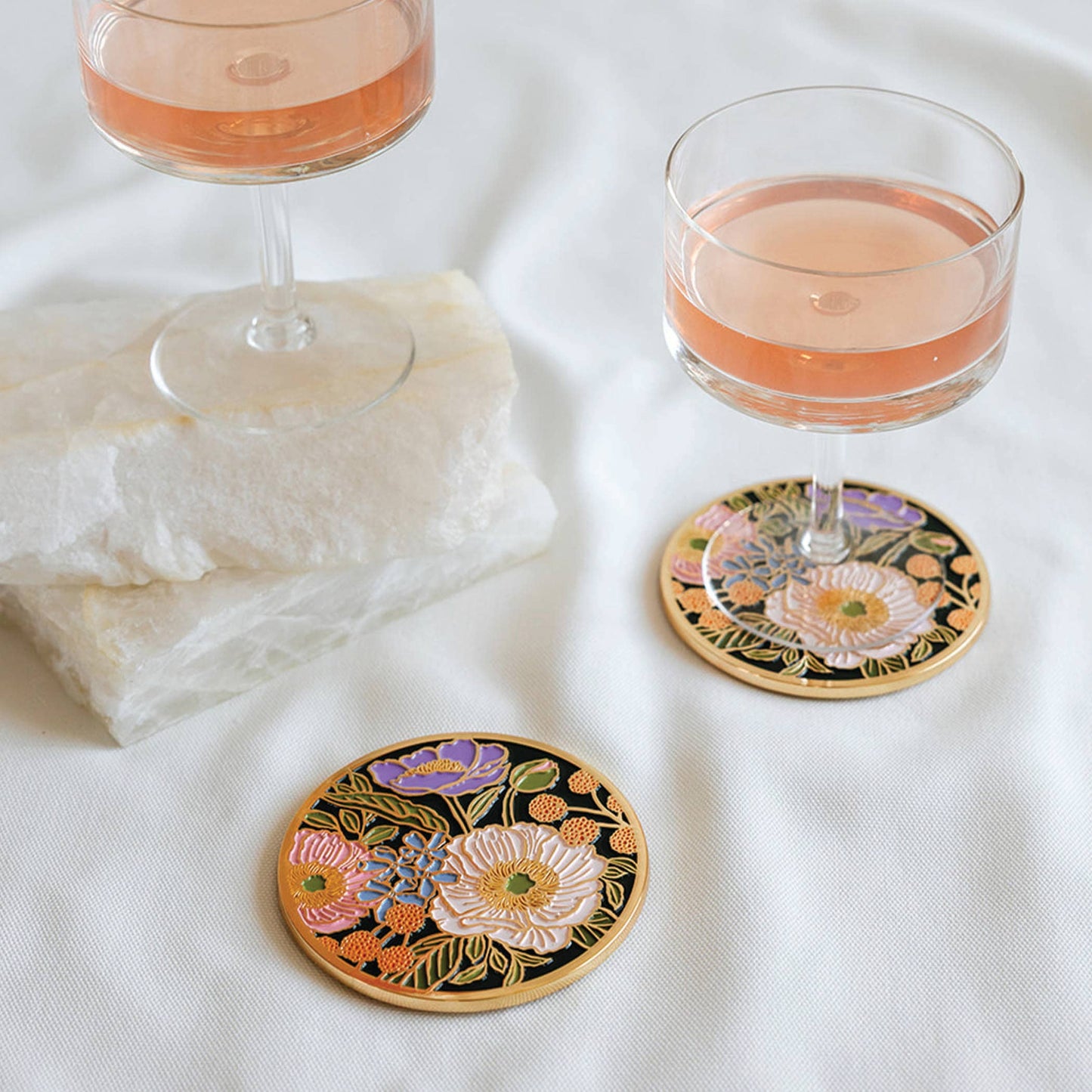 Vibrant Flora Gold Drink Coasters | Summer + Garden Party